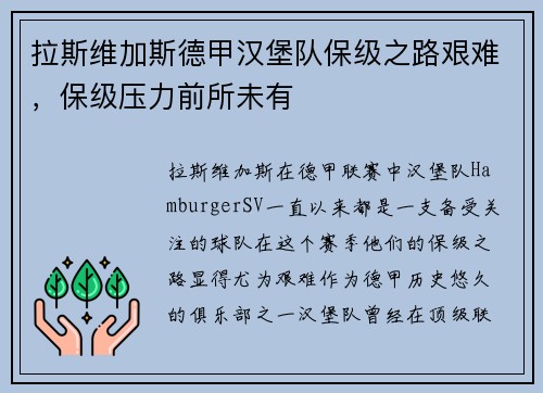 拉斯维加斯德甲汉堡队保级之路艰难，保级压力前所未有